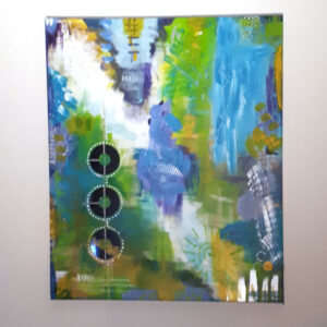 Schilderij groen/geel/blauw met spiegels