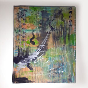 Schilderij groen/zalm met zilver accenten